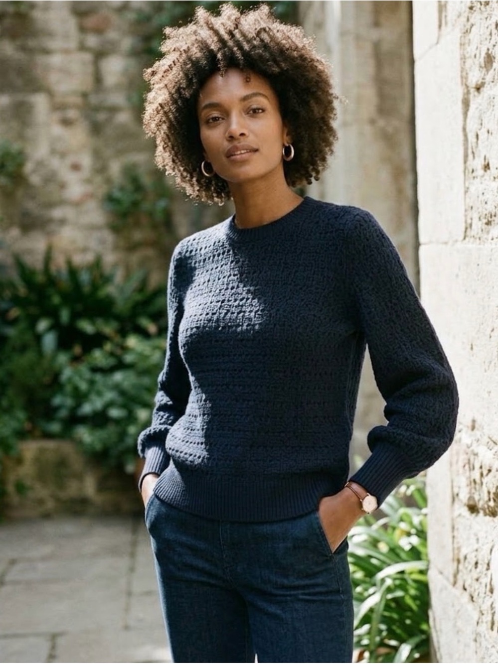 J. Crew Pointelle Balloon Sleeve Sweater Navy Blue
Textured Knit - L